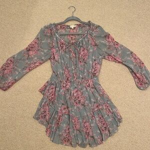 Love Shack Fancy pink/blue floral long sleeve mini dress with cinched waist